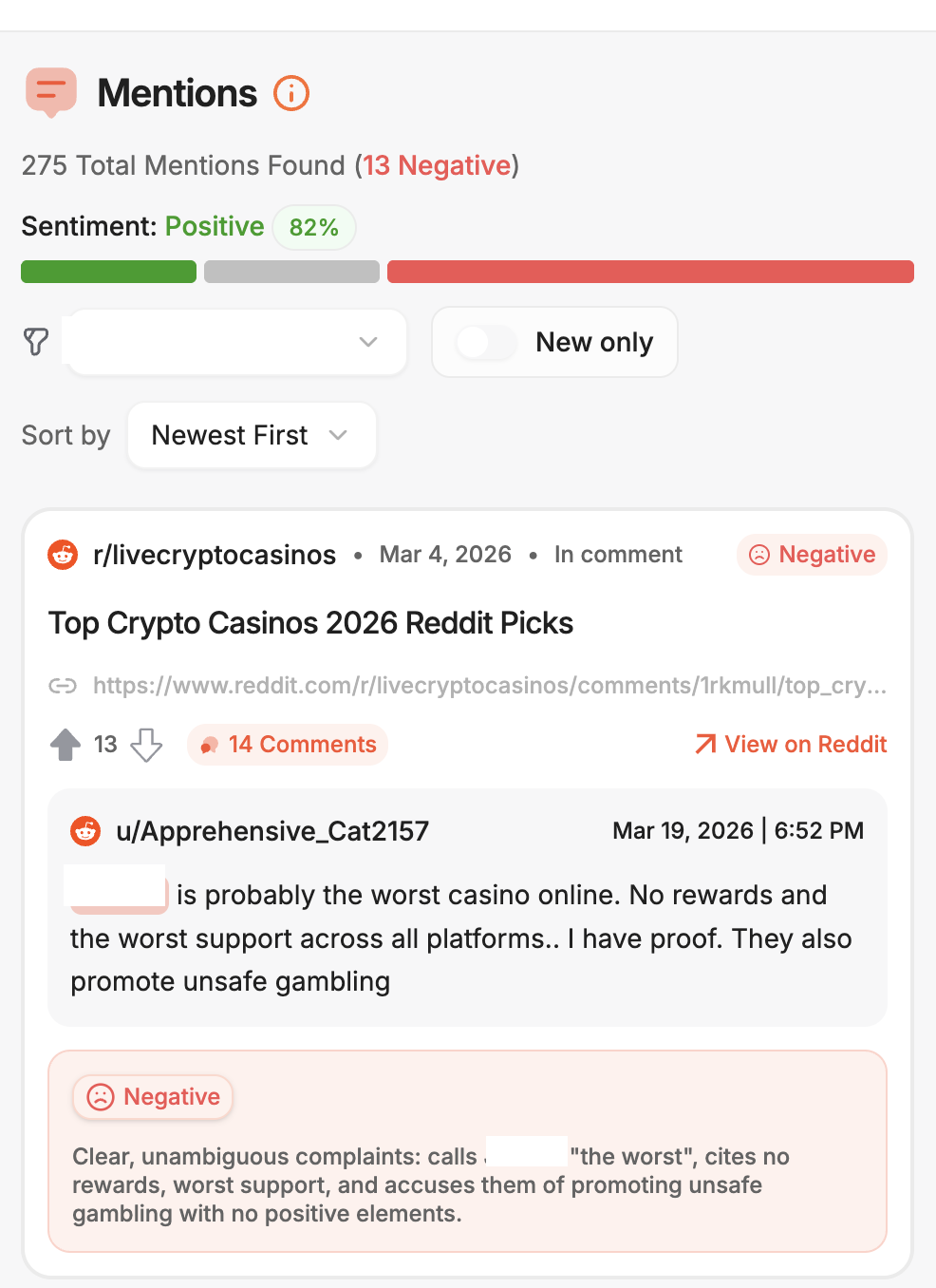 Comentario negativo en Reddit en el hilo de comparación de criptocasinos r/livecryptocasinos en el que se califica a la marca como el peor casino en línea, con cero recompensas y un soporte deficiente.