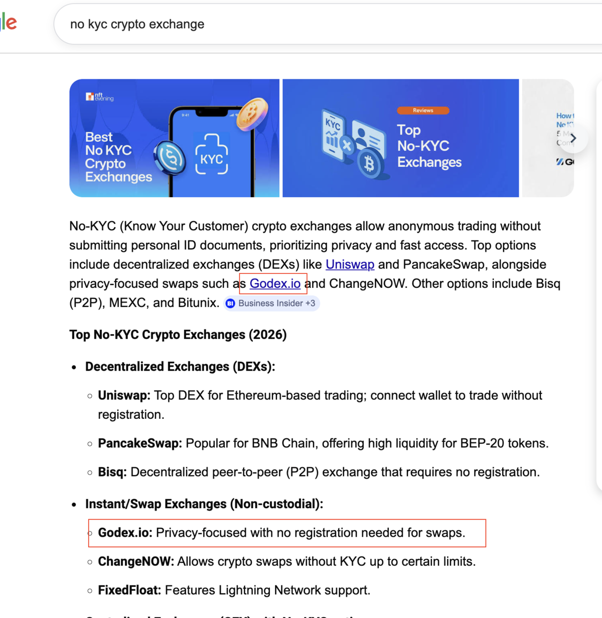 고객신원확인(KYC) 없는 암호화폐 거래소에 대한 Perplexity AI 검색 결과, ChangeNOW, FixedFloat와 함께 최고의 즉시 스왑 거래소로 Godex.io를 꼽았습니다.