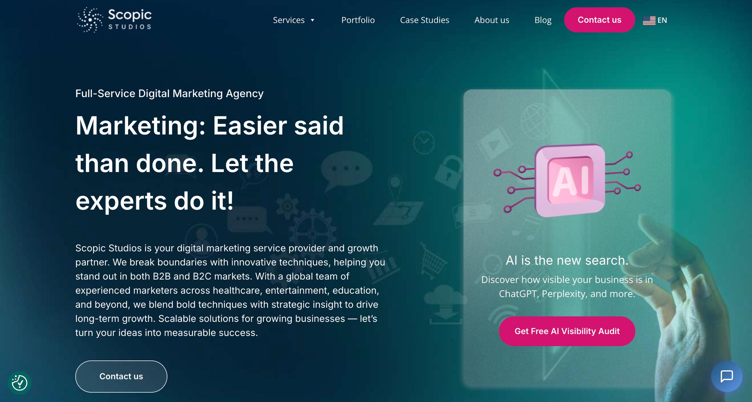 Домашняя страница Scopic Studios, на которой представлены управляемые AI SEO, автоматизация аналитики и цифровой маркетинг полного цикла для брендов в сфере здравоохранения и технологий.