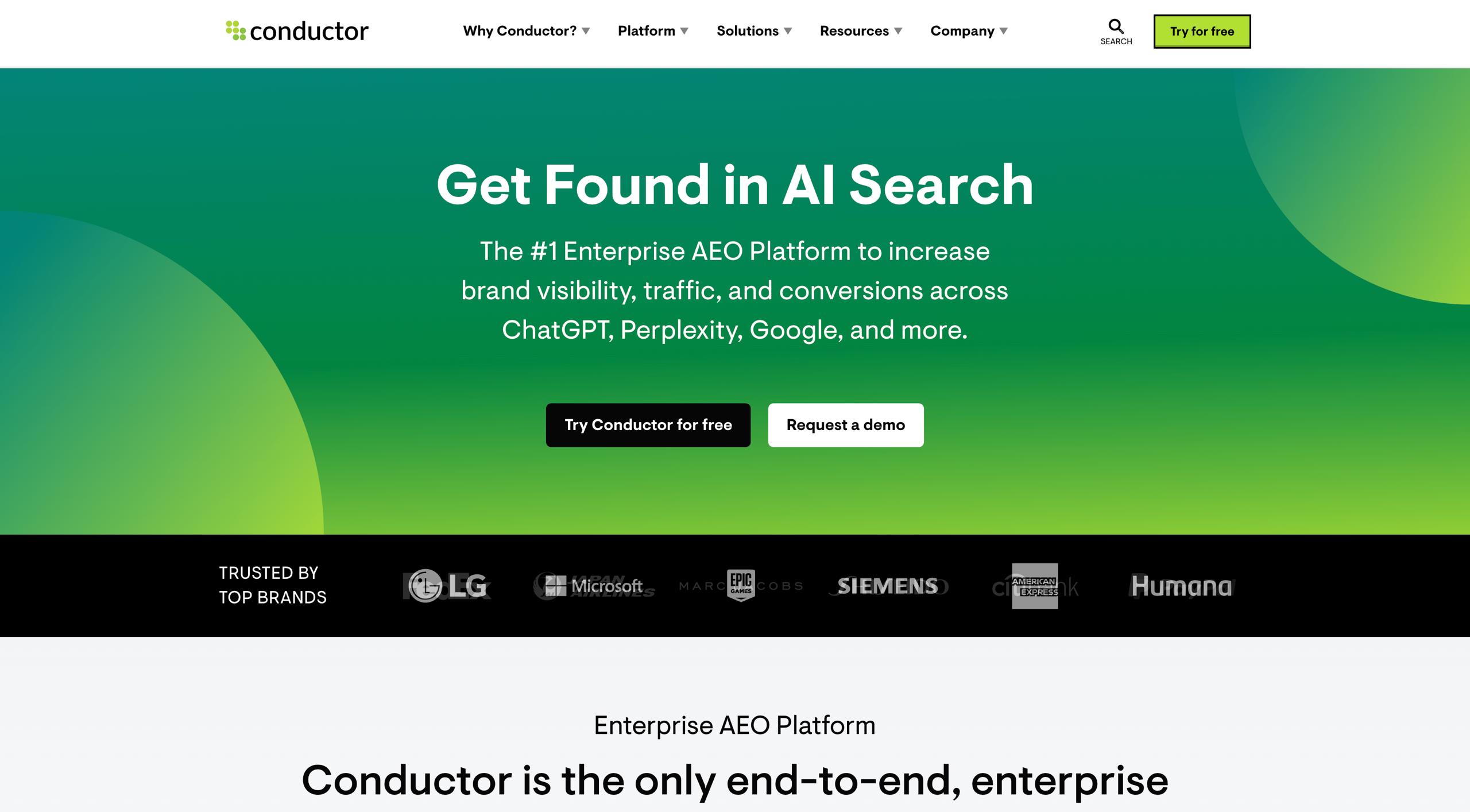 Il dashboard unificato di Conductor mostra i benchmark delle prestazioni di ricerca AI SEO e l'intelligence SEO.