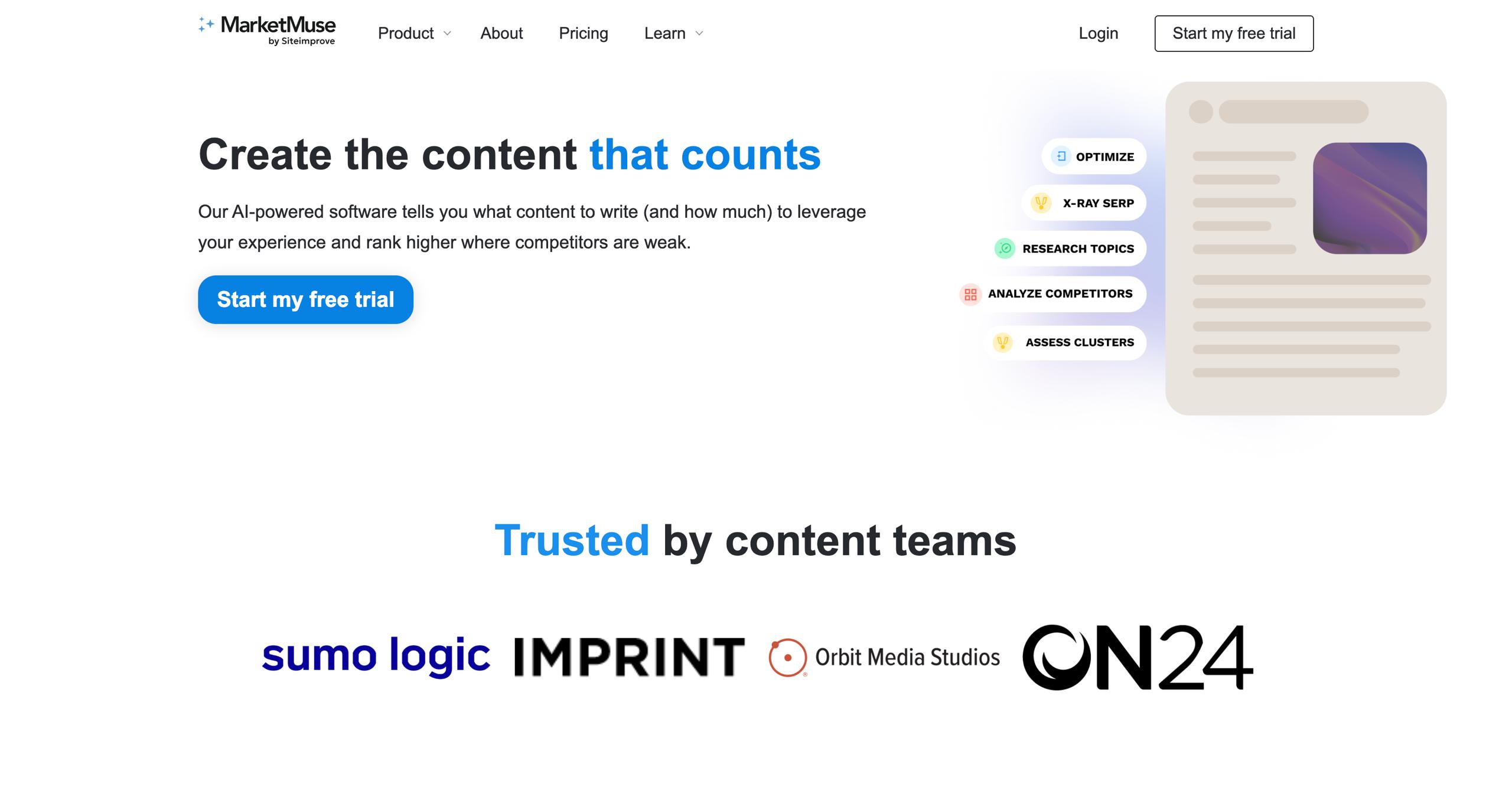 La dashboard dell'autorità tematica di MarketMuse evidenzia le lacune dei contenuti e i punteggi di difficoltà personalizzati per l'AI SEO