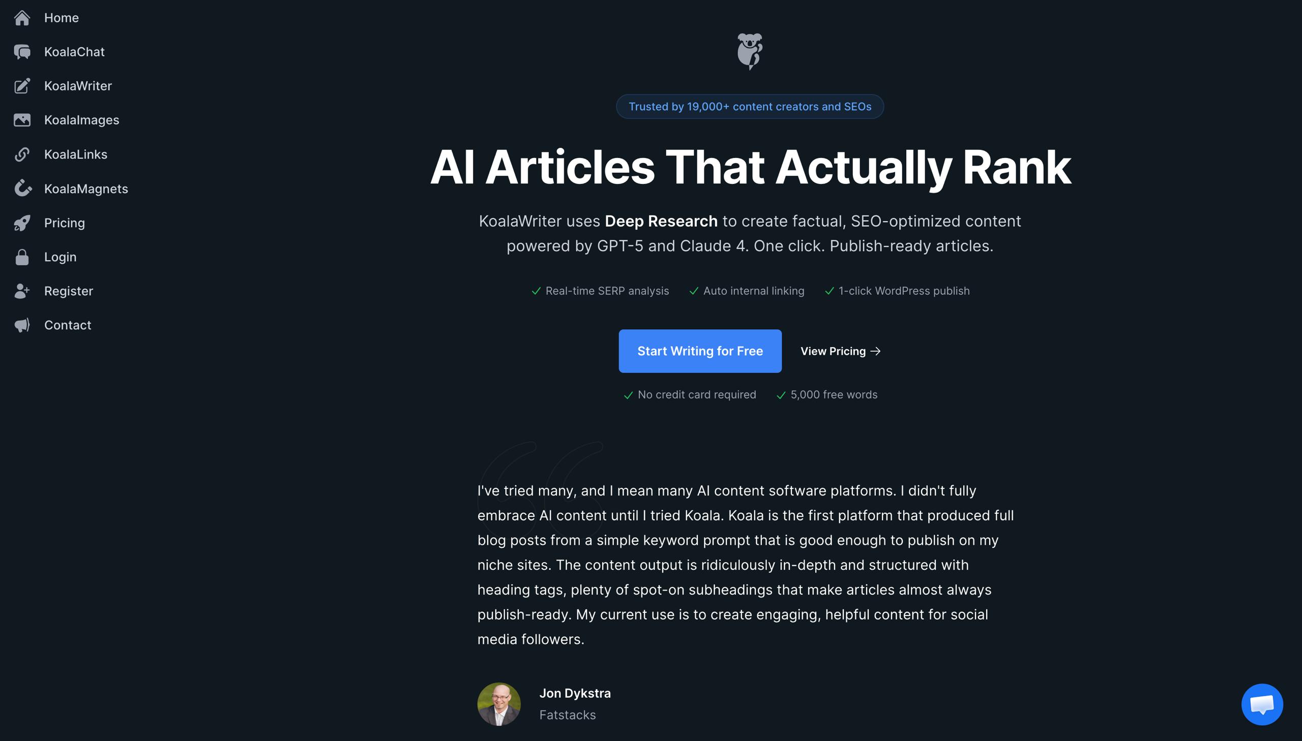 L'interfaccia di generazione di articoli di Koala AI con analisi delle SERP in tempo reale e linking interno automatico per AI SEO