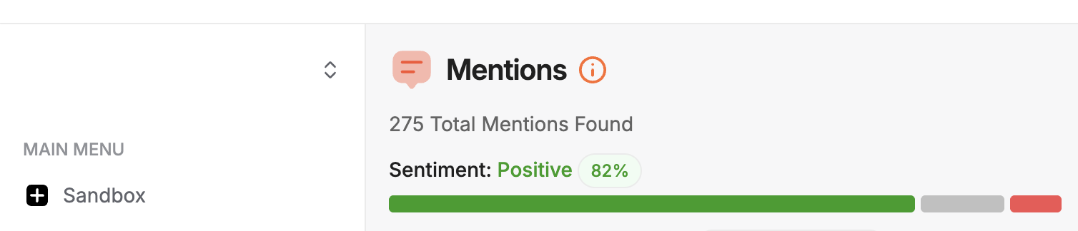 1 reddit-sentiment-41-percent-baseline.png Panel de control de monitorización que muestra 41 menciones totales y un 41% de sentimiento neutro/positivo al inicio del proyecto El panel de control de monitorización de marca de Reddit muestra 41 menciones totales con un 41% de sentimiento positivo de referencia para la campaña de ORM de iGaming.