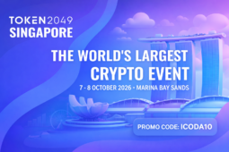 Soft 3D blue and purple promotional banner for TOKEN2049 Singapore showing Marina Bay Sands, labeled “The World’s Largest Crypto Event,” with dates 7–8 October 2026 and promo code ICODA10.