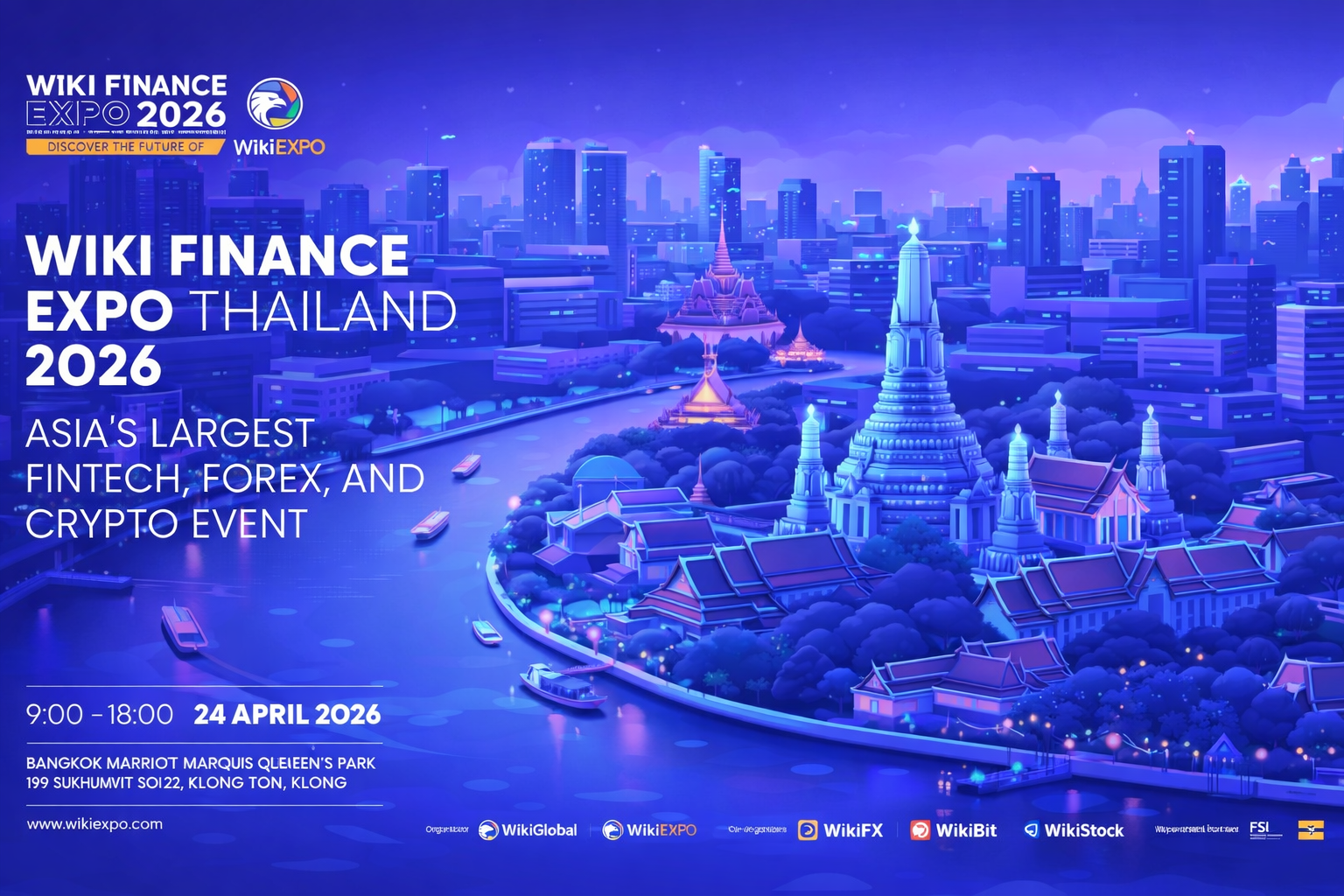 Soft real 3D-style promotional banner for Wiki Finance Expo Thailand 2026 featuring a stylized Bangkok cityscape with Wat Arun, the Chao Phraya River, boats, and modern skyscrapers in a blue and purple tech-themed palette, including event details: 9:00–18:00, 24 April 2026, Bangkok Marriott Marquis Queen’s Park.
