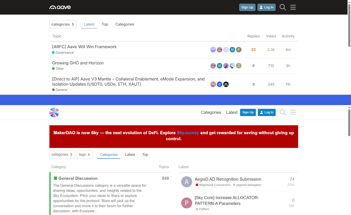 Das Aave Governance Forum zeigt aktive Vorschläge, darunter ARFC Aave Will Win Framework mit 2.300 Ansichten und Aave V3 Mantle Collateral Updates, sowie das MakerDAO Forum mit einem Banner, das die Umbenennung in Sky ankündigt. Die Kategorie Allgemeine Diskussion zeigt 649 Themen.