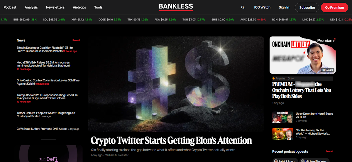 Die Homepage von Bankless Media zeigt Krypto-Schlagzeilen, einen Live-Kurs-Ticker für BNB SOL XRP DOGE und andere Token, einen Artikel über Crypto Twitter und Elon Musk, Premium-Podcast-Inhalte und eine Navigation für die Abschnitte Podcast Analysis Newsletters Airdrops und Tools.