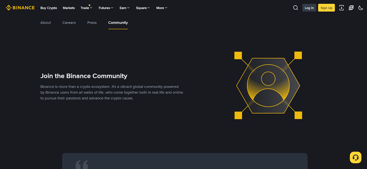 Die Binance-Community-Seite mit dunklem Thema und goldenen Akzenten zeigt die Überschrift Join the Binance Community und beschreibt sie als eine lebendige globale Gemeinschaft, die von Binance-Nutzern angetrieben wird, die sowohl im realen Leben als auch online zusammenkommen, um ihren Leidenschaften nachzugehen und die Krypto-Sache voranzutreiben.