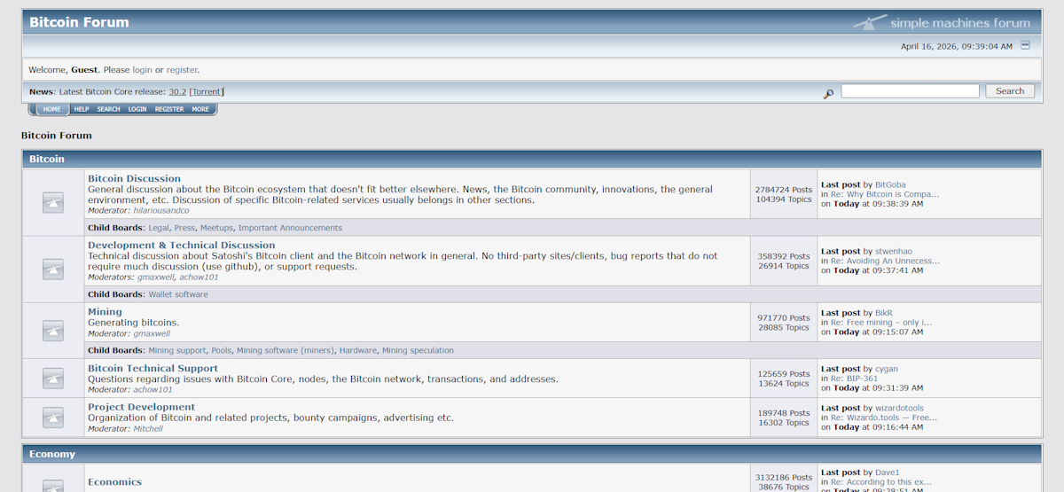Die Startseite des BitcoinTalk.org-Forums zeigt aktive Diskussionsforen, darunter Bitcoin Discussion mit 2,78 Millionen Beiträgen, Development and Technical Discussion, Mining, Bitcoin Technical Support und Project Development, vom 16. April 2026.