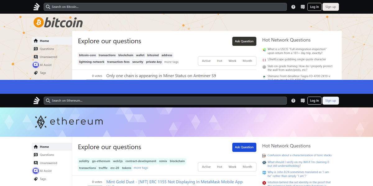 Bitcoin Stack Exchange und Ethereum Stack Exchange Frage- und Antwort-Plattformen mit getaggten Themen wie bitcoin-core, Transaktionen, blockchain, solidity, web3js und contract-development mit Schaltflächen für Fragen und aktiven Community-Fragen.