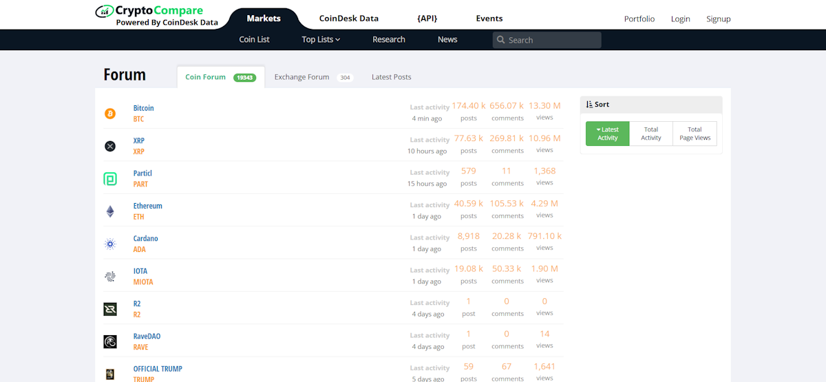 Die Forumsseite von CryptoCompare zeigt das Coin Forum mit 19.345 Themen an, darunter Bitcoin mit 174.400 Beiträgen und 13,30 Millionen Ansichten, XRP mit 77.630 Beiträgen, Ethereum mit 40.590 Beiträgen, Cardano, IOTA und andere Kryptowährungs-Diskussionsforen, sortiert nach der letzten Aktivität.