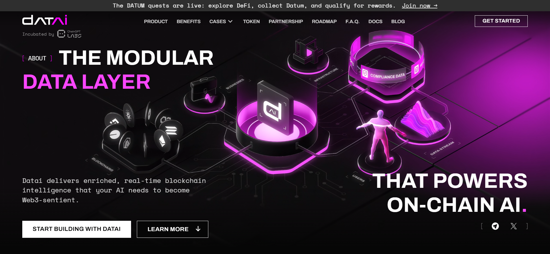 Datai Network homepage showcasing its modular on-chain AI data layer, one of the best crypto presales April 2026.