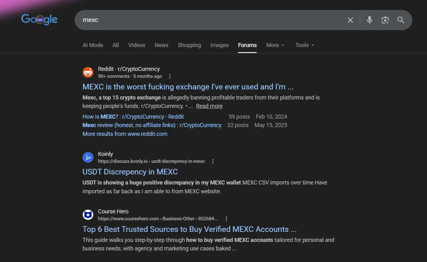 تظهر نتائج البحث في منتديات جوجل عن "mexc" أن موضوع ريديت السلبي يحتل المرتبة الأولى.