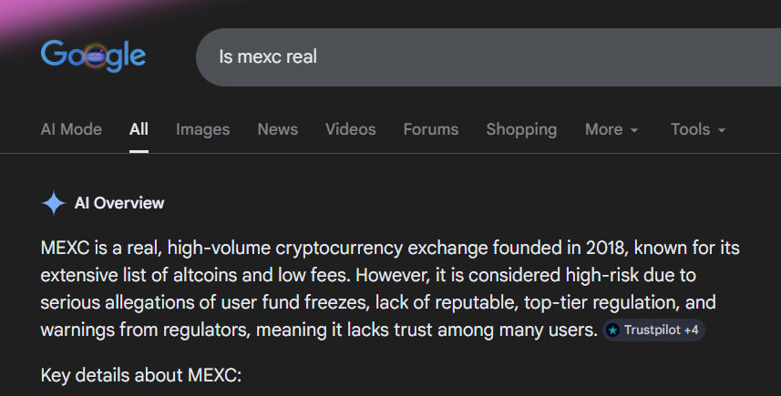 نظرة عامة على الذكاء الاصطناعي من Google على إجابات "هل mexc حقيقي" مع تأطير سلبي.