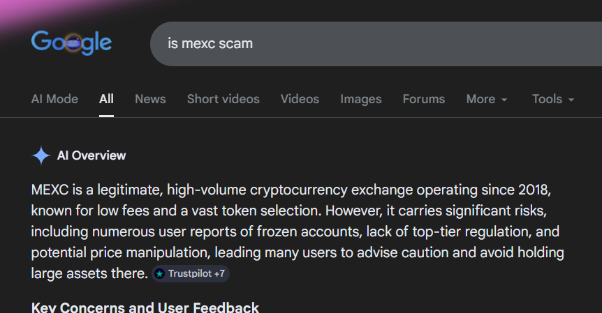 نظرة عامة على الذكاء الاصطناعي من Google على إجابات "هل mexc عملية احتيال" مع تأطير سلبي.