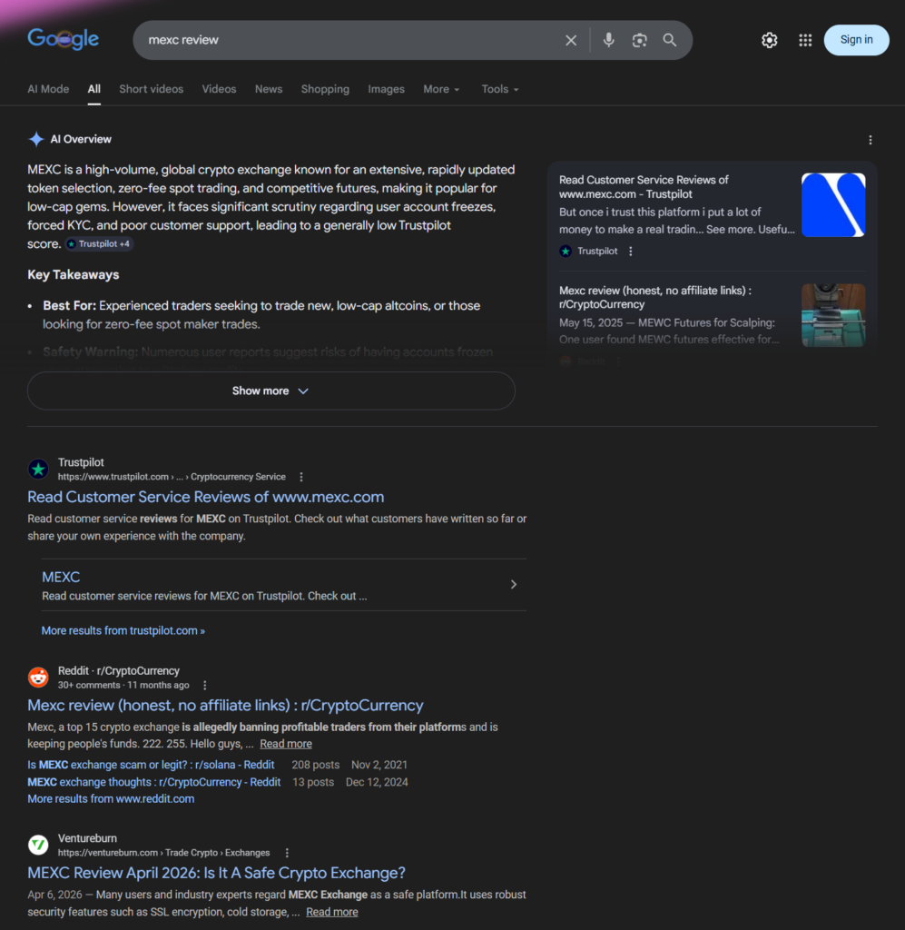 نظرة عامة على الذكاء الاصطناعي من Google لـ "مراجعة mexc" التي تسلط الضوء على مخاوف تجميد الحساب ومصادر Trustpilot.