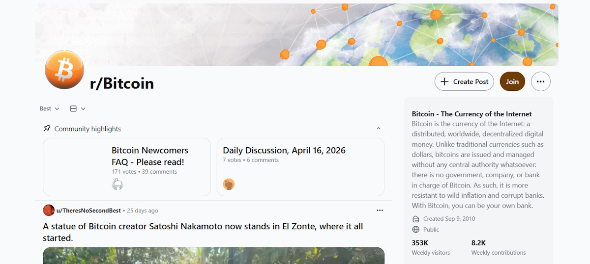 Reddit r/Bitcoin subreddit mit 353K wöchentlichen Besuchern und 8,200 wöchentlichen Beiträgen, mit Bitcoin Newcomers FAQ, Daily Discussion thread für den 16. April 2026, und einer Community-Beschreibung, die Bitcoin als dezentrale digitale Währung beschreibt, erstellt im September 2010.