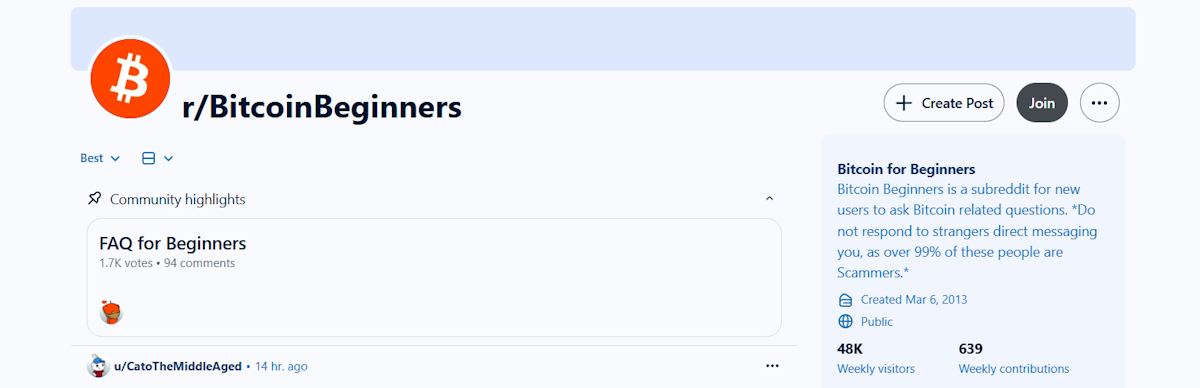 Reddit r/BitcoinBeginners subreddit mit 48K wöchentlichen Besuchern und 639 wöchentlichen Beiträgen, zeigt FAQ for Beginners pinned post mit 1,700 Stimmen, beschrieben als ein Subreddit für neue Benutzer, um Fragen zu Bitcoin zu stellen, erstellt im März 2013.