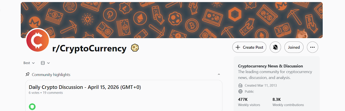 Reddit r/CryptoCurrency subreddit mit 477K wöchentlichen Besuchern und 8.300 wöchentlichen Beiträgen, zeigt den Daily Crypto Discussion Thread für den 15. April 2026, beschrieben als die führende Community für Kryptowährungsnachrichten, Diskussion und Analyse, erstellt im März 2013.