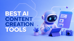 Couverture avec texte Meilleurs outils de création de contenu AI et robot utilisant une tablette dans un dégradé de bleu