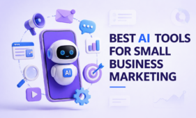 Illustration 3D douce d'un robot sympathique à côté d'un smartphone avec des icônes marketing flottantes, dans des tons bleu-violet, et un titre sur les outils d'IA pour le marketing des petites entreprises.