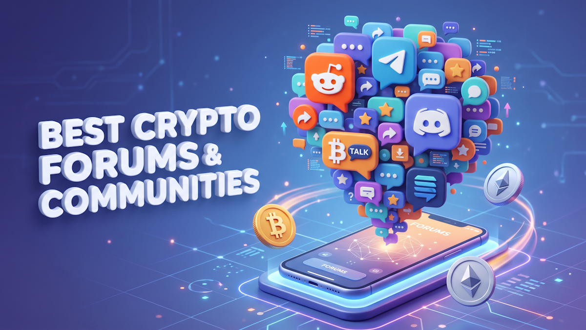 3D-Illustration eines Smartphones mit einem Forenbildschirm, der eine Wolke bunter Sprechblasen mit Reddit-, Discord-, Telegram- und BitcoinTalk-Symbolen zeigt, die aus dem Display aufsteigen. In der Nähe schweben Bitcoin- und Ethereum-Münzen auf einem Hintergrund mit blauem Farbverlauf, mit dem Titel Best Crypto Forums and Communities.