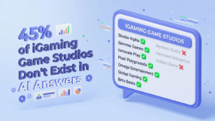 Cover image for ICODA's AI visibility audit of iGaming game studios: 45% of studios don't appear in AI answers, illustrated by a 3D AI chat bubble showing a shortlist with visible checkmarks and absent studios marked in grey and red.