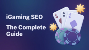 SEO iGaming : The Complete Guide - image de couverture avec des cartes à jouer et des jetons de casino en 3D sur un fond bleu foncé.