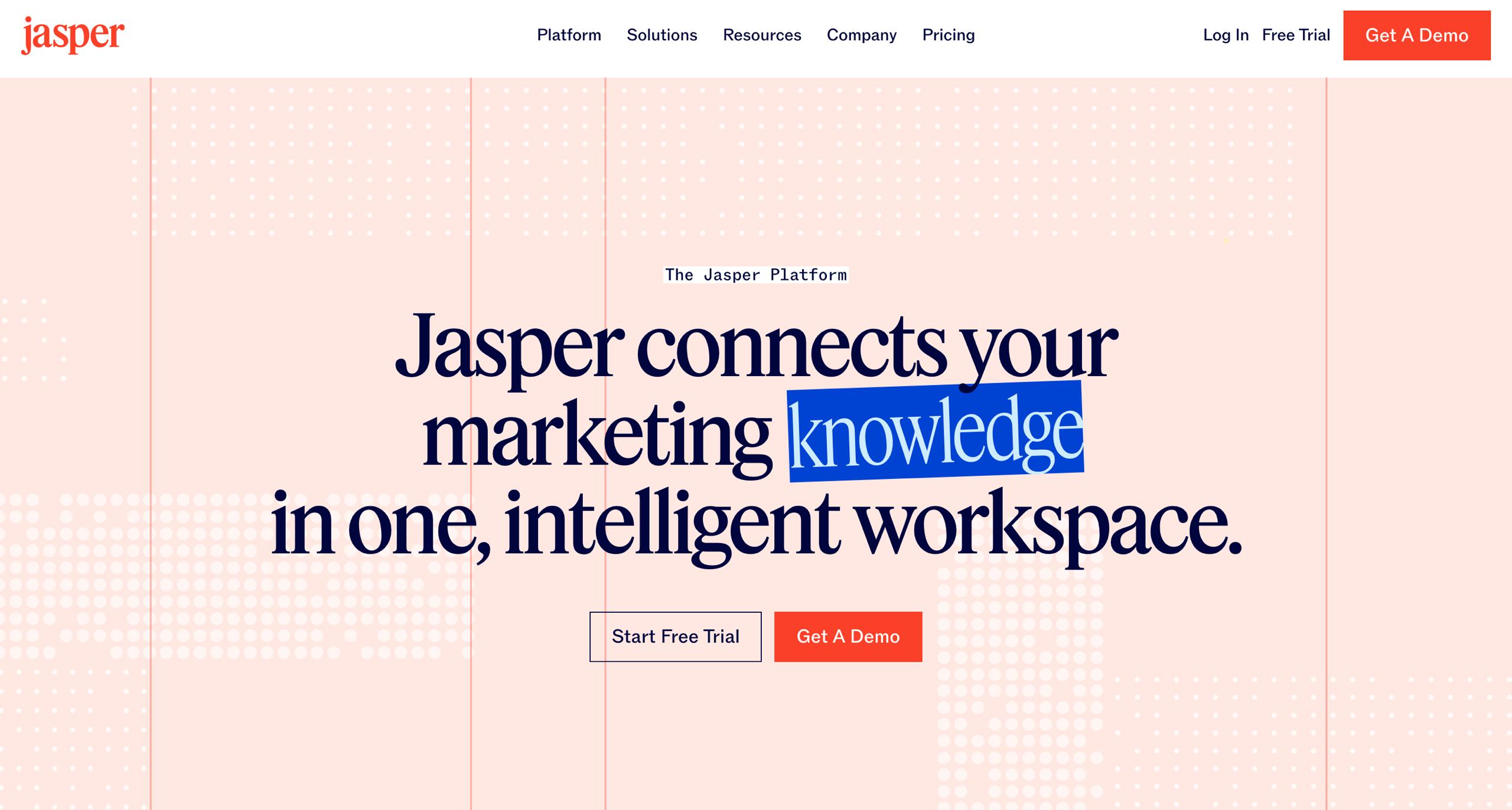 Jasper AI content creation platform homepage — brand voice, Content Pipelines, and multi-channel campaign tools