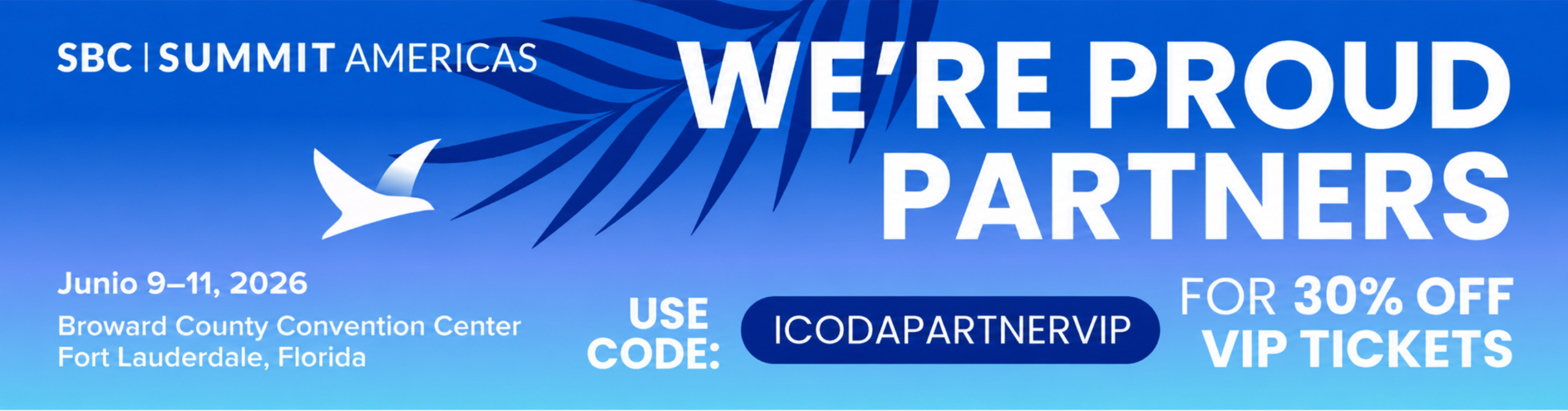 ICODAPARTNERVIP Promo code promotional banner for SBC Summit Americas