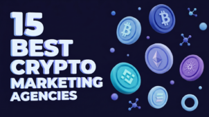 15 Best Crypto Marketing Agencies — illustrated cover with 3D Bitcoin, Ethereum, BNB, Cardano, and Solana coins on dark background.