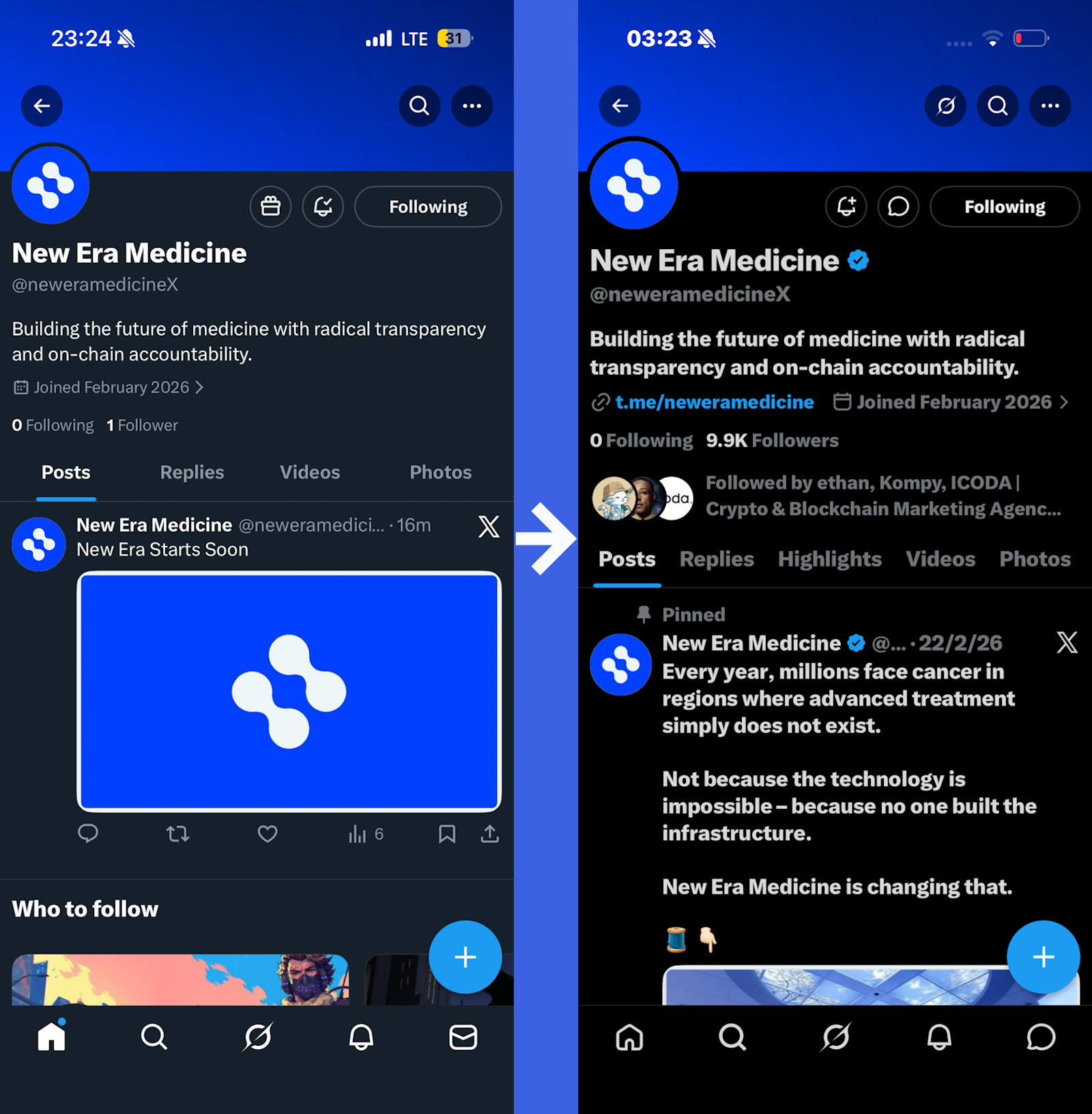 Vorher-Nachher-Vergleich des X-Profils (Twitter) von New Era Medicine - von 1 Follower beim Start auf 9.900 Follower nach der SMM-Kampagne von ICODA.