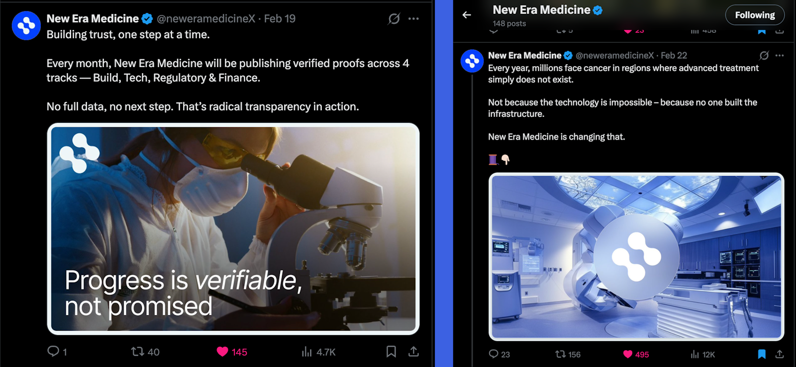 New Era Medicine X Beiträge mit Beispielen für Inhalte: Der Beitrag "Fortschritt ist überprüfbar, nicht versprochen" mit 145 Likes und 4,7K Impressionen und der Thread zur Krebsinfrastruktur mit 495 Likes und 12K Impressionen.