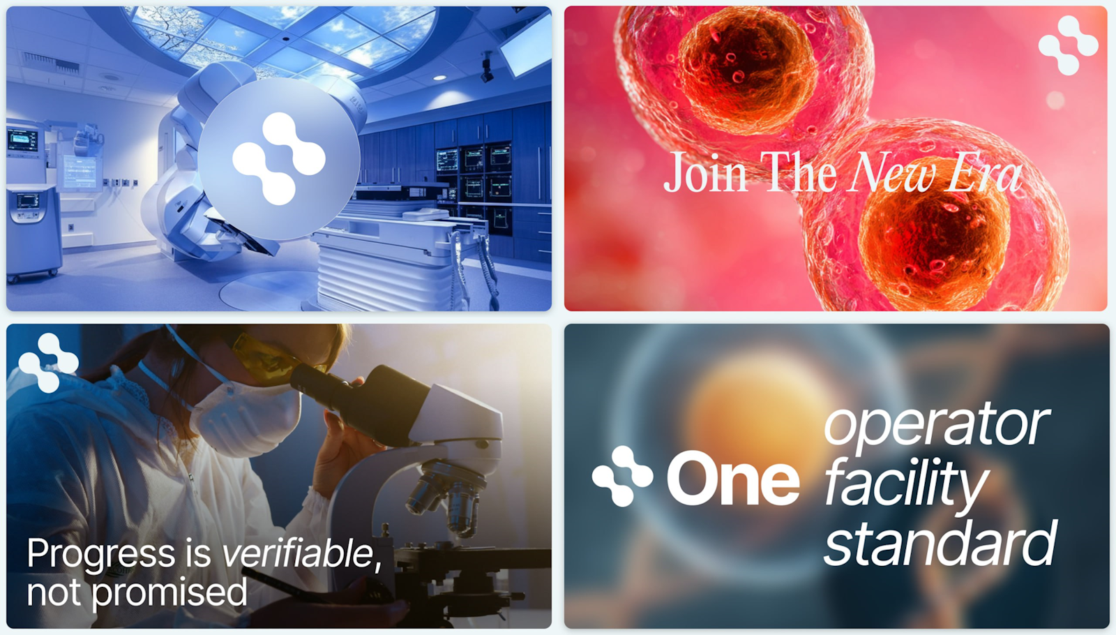 Beispiele für Banner der Marke New Era Medicine für soziale Medien - CyberKnife-Behandlungsraum, Visualisierung von Krebszellen, Laborforscher und One Operator Facility Standard-Poster.