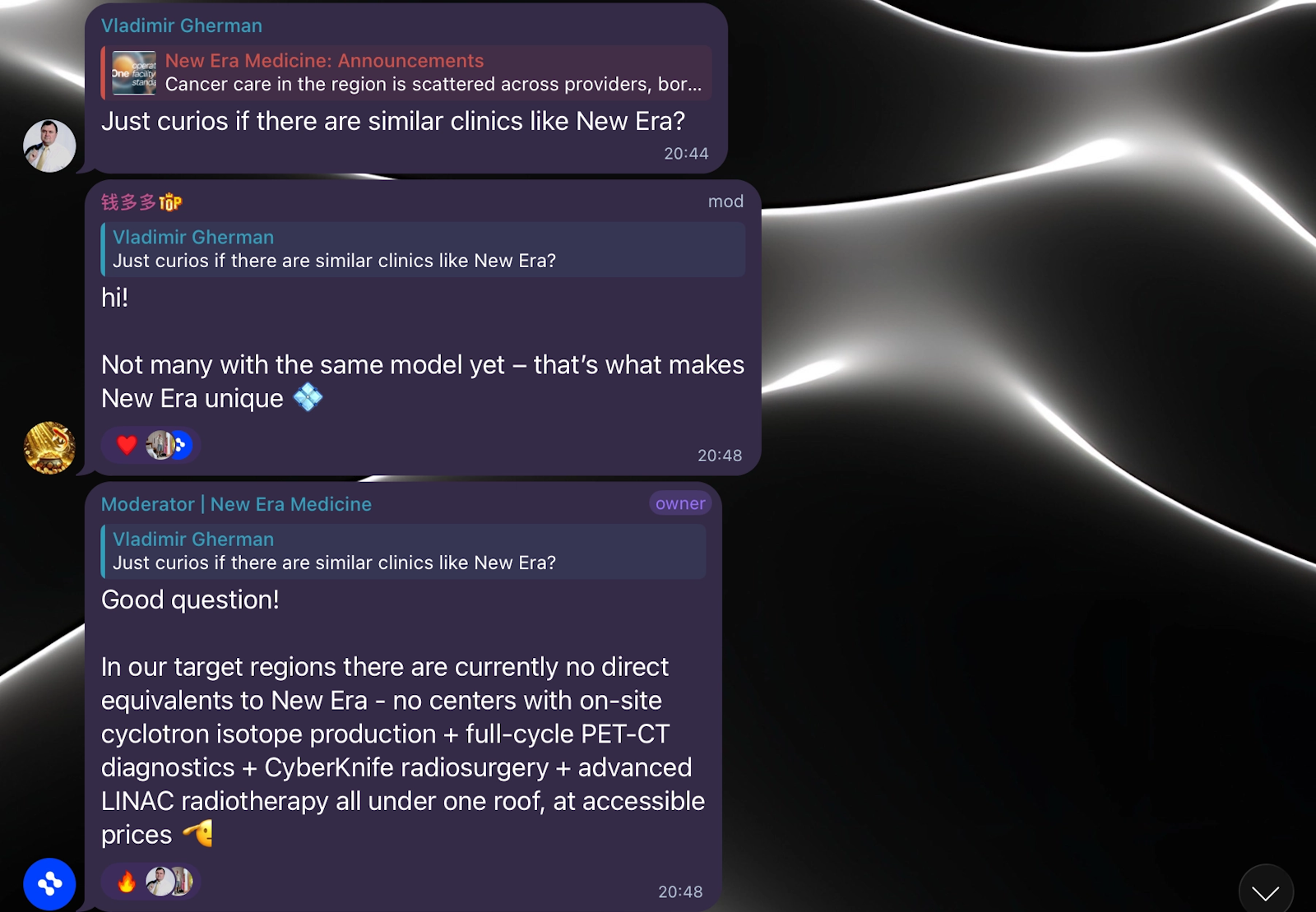 New Era Medicine Telegram-Community-Konversation - der Moderator antwortet auf die Frage eines Nutzers nach konkurrierenden Onkologie-Kliniken und erklärt das einzigartige Full-Cycle-Modell von NEM.