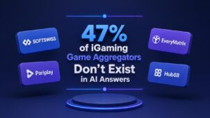 Ein Artikel, der zeigt, dass 47% der iGaming-Spiele-Aggregatoren nicht in KI-Antworten existieren, wobei die Logos von SOFTSWISS, EveryMatrix, Pariplay und Hub88 in der Statistik auftauchen.