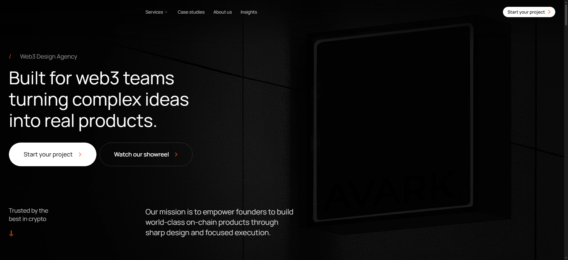 Avark homepage showcasing a Web3-native crypto branding agency known for wallet UX and DeFi brand identity work.