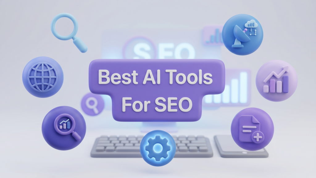 3D-иллюстрация лучших инструментов AI SEO в 2026 году, с лупой, диаграммой роста, шестеренкой и значками аналитики.