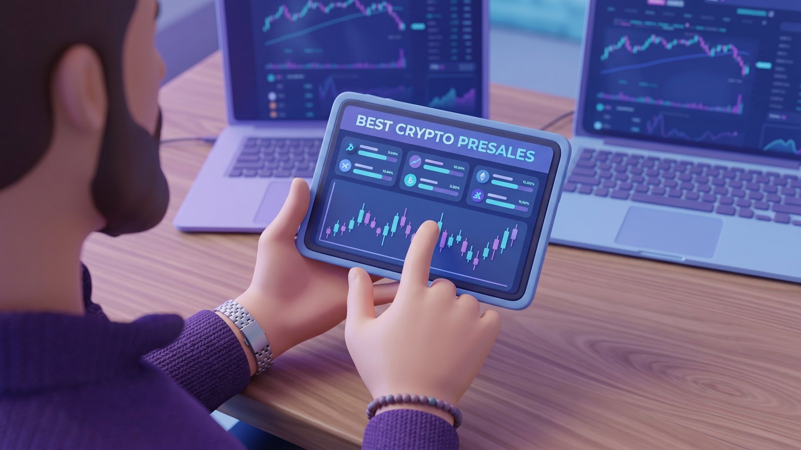 Investisseur analysant les meilleures préventes de crypto-monnaies mai 2026 sur tablette avec des graphiques de jetons et un tableau de bord des performances de l'OID.
