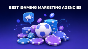 最佳 iGaming 营销机构文章封面 - 深蓝色渐变背景上的 3D 赌场筹码、足球、骰子和扩音器图标、