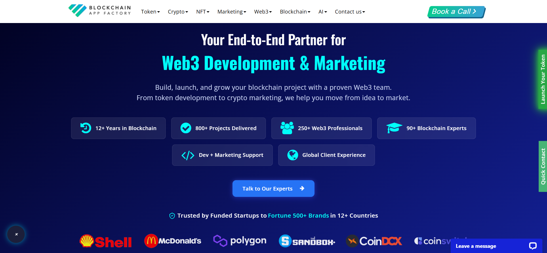 Blockchain App Factory Web3 开发和营销主页 - 从事区块链 12 年以上,交付 800 个以上项目,客户包括 Polygon 和 Shell。