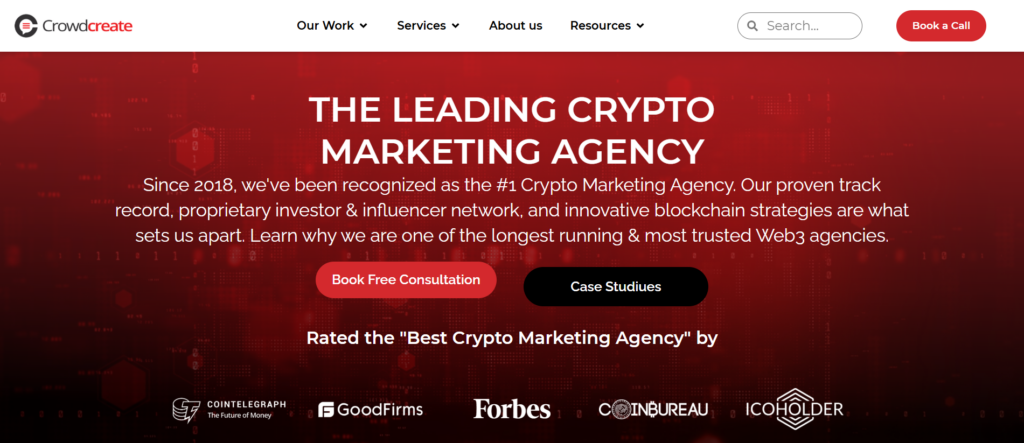 Crowdcreate crypto marketing agency homepage — recognized as the #1 crypto marketing agency since 2018 by Forbes, CoinTelegraph, CoinBureau, and ICOHolder.