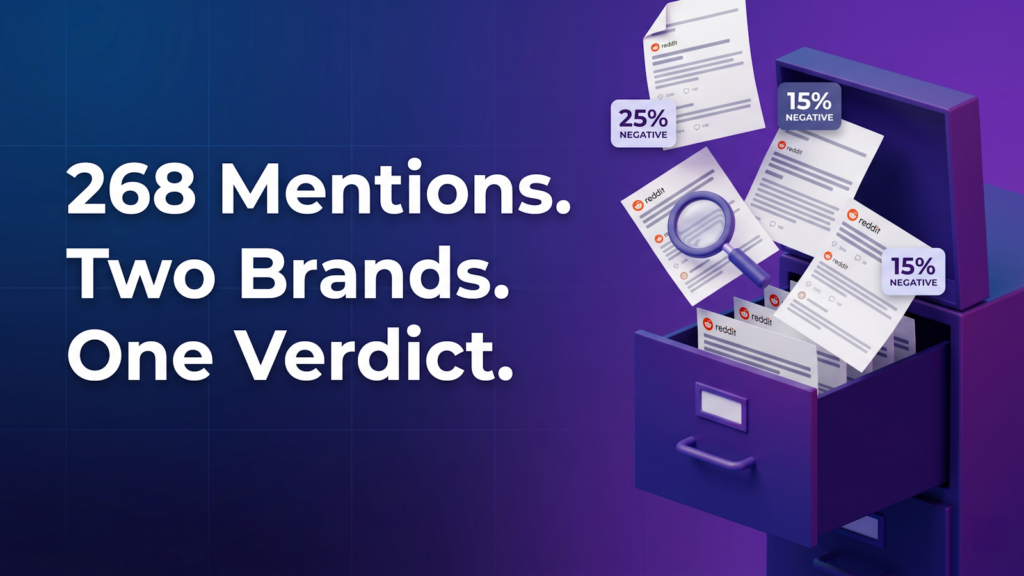 Article cover image for a Reddit brand reputation audit comparing Crypto.com and Coinbase, featuring a 3D filing cabinet overflowing with Reddit post documents and sentiment badges showing 25% negative for Coinbase and 15% negative for Crypto.com, with the headline "268 Mentions. Two Brands. One Verdict.".