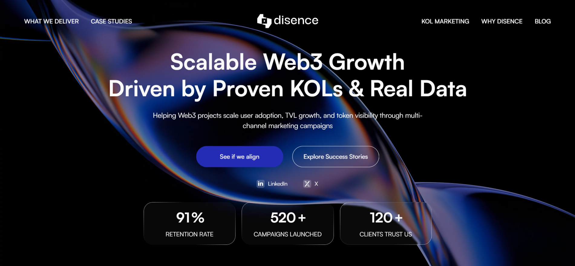 Disence Web3 KOL 营销机构主页 - 由真实数据驱动的可扩展加密货币增长,91% 的客户留存率,520 多场营销活动,120 多家区块链客户。