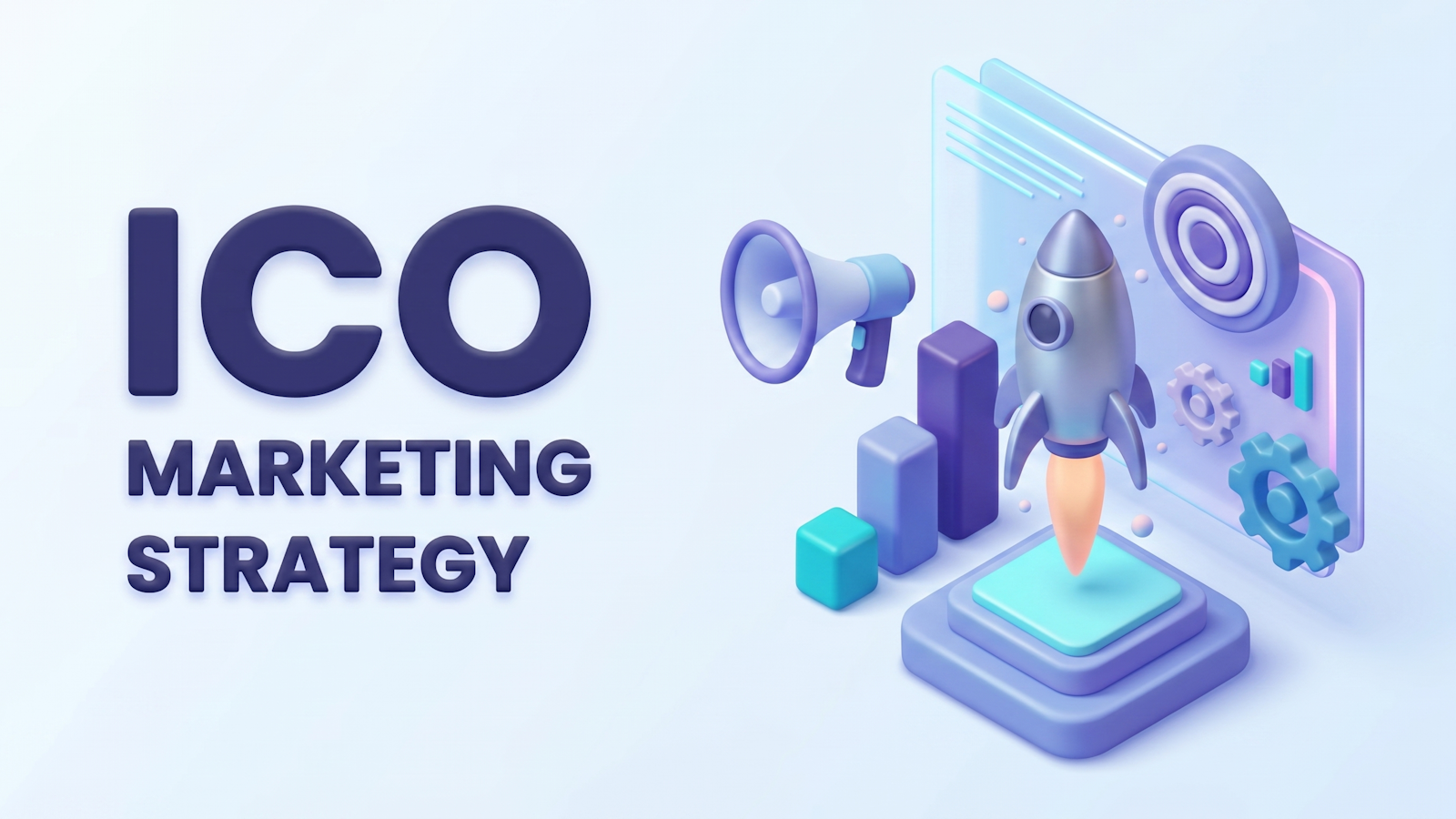 ICO 마케팅 전략 표지 일러스트: 확성기 옆의 로켓 발사, 목표, 성장 막대, 사전 판매 캠페인 요소를 나타내는 기어.