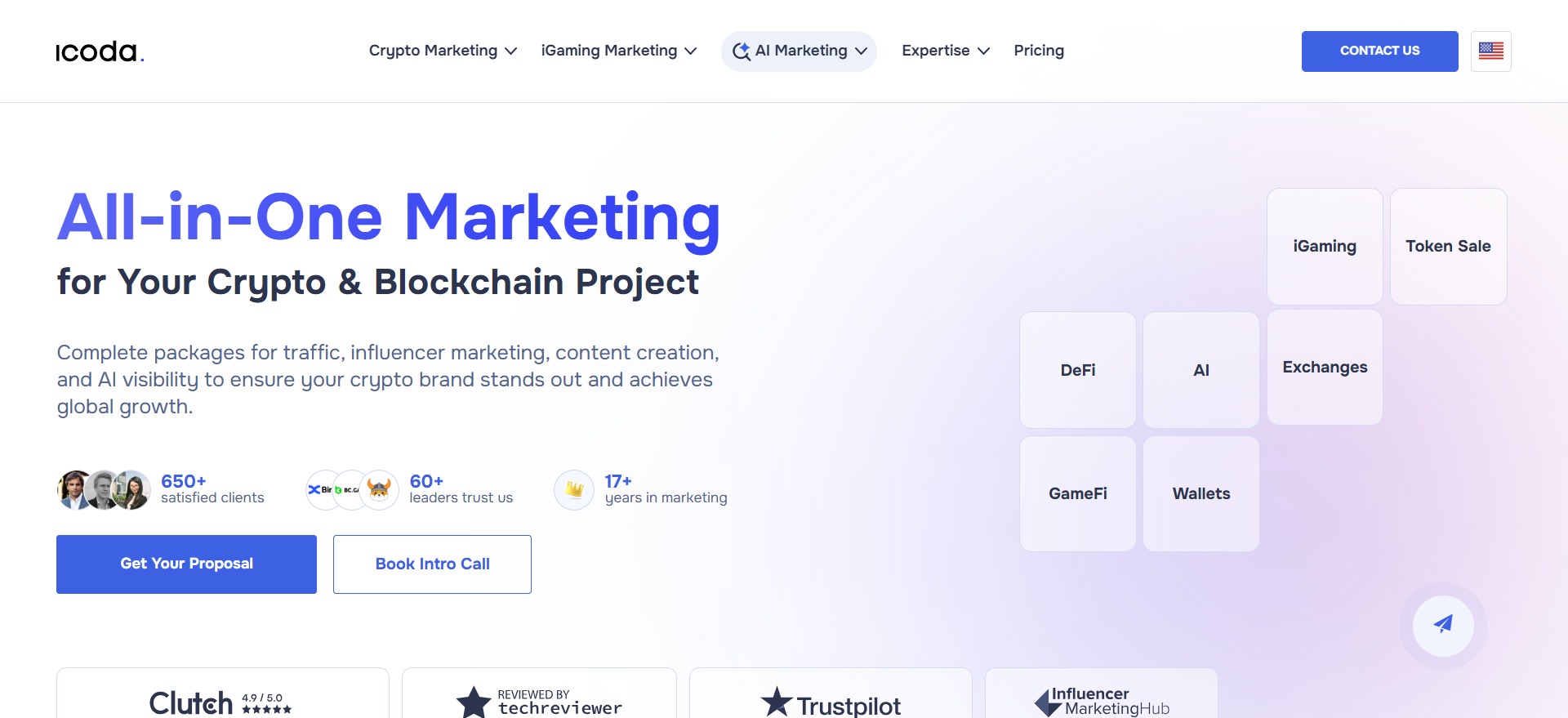 ICODA homepage showing a full-funnel crypto marketing agency offering Web3 branding and token launch services.