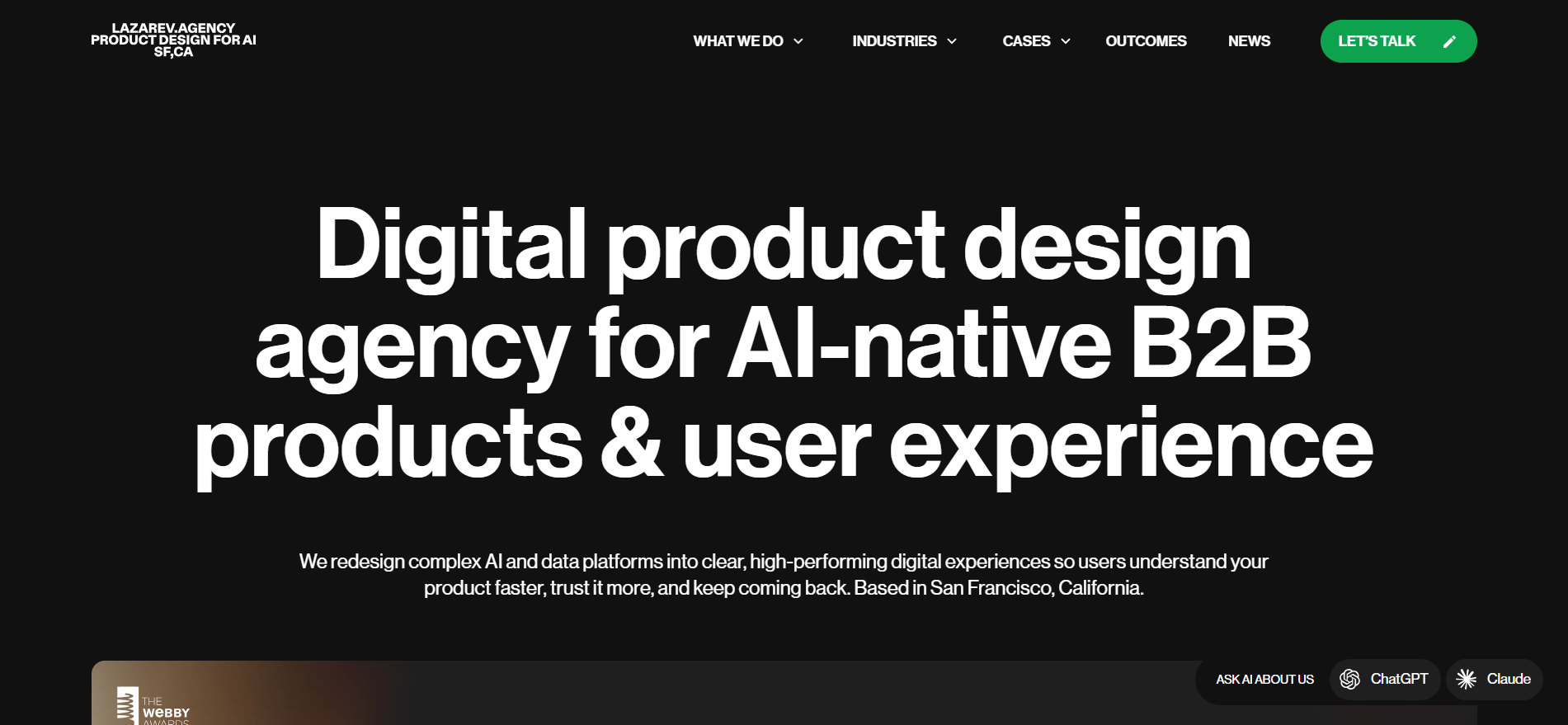 Lazarev.agency homepage showing a San Francisco product-led crypto branding agency for investor-ready Web3 startups.