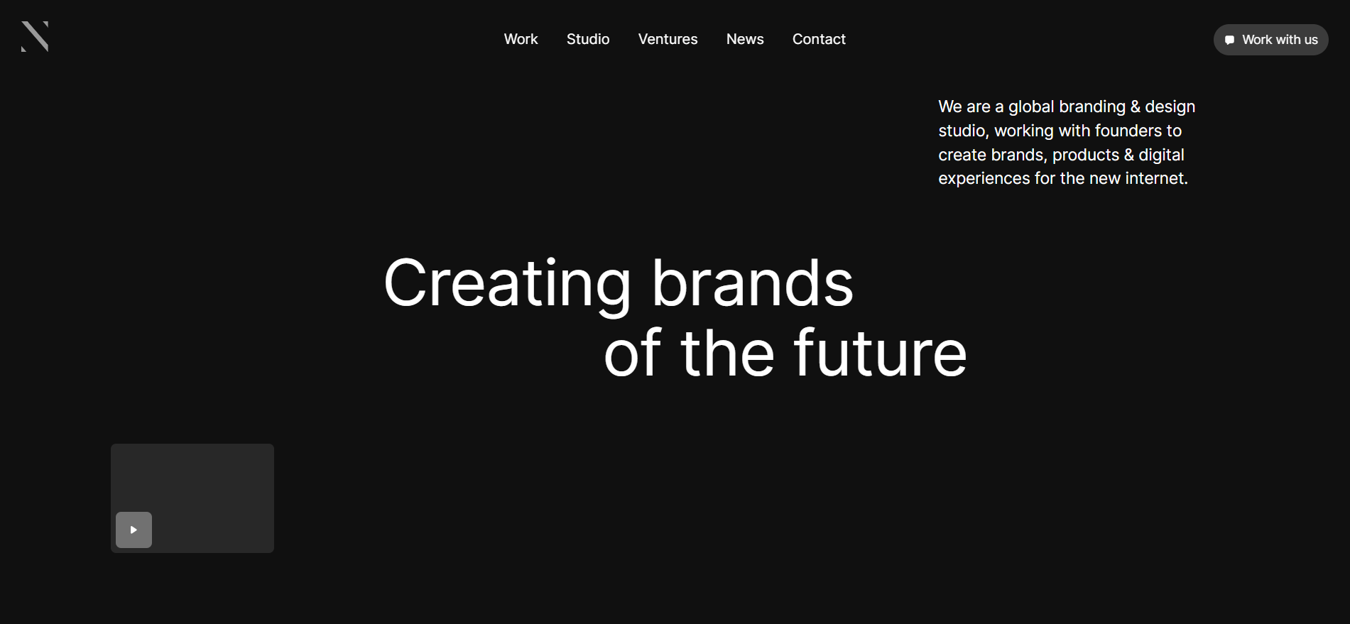 Noir homepage presenting a Web3 brand venture studio behind MoonPay, Animoca, and Cartesi crypto rebrand projects.