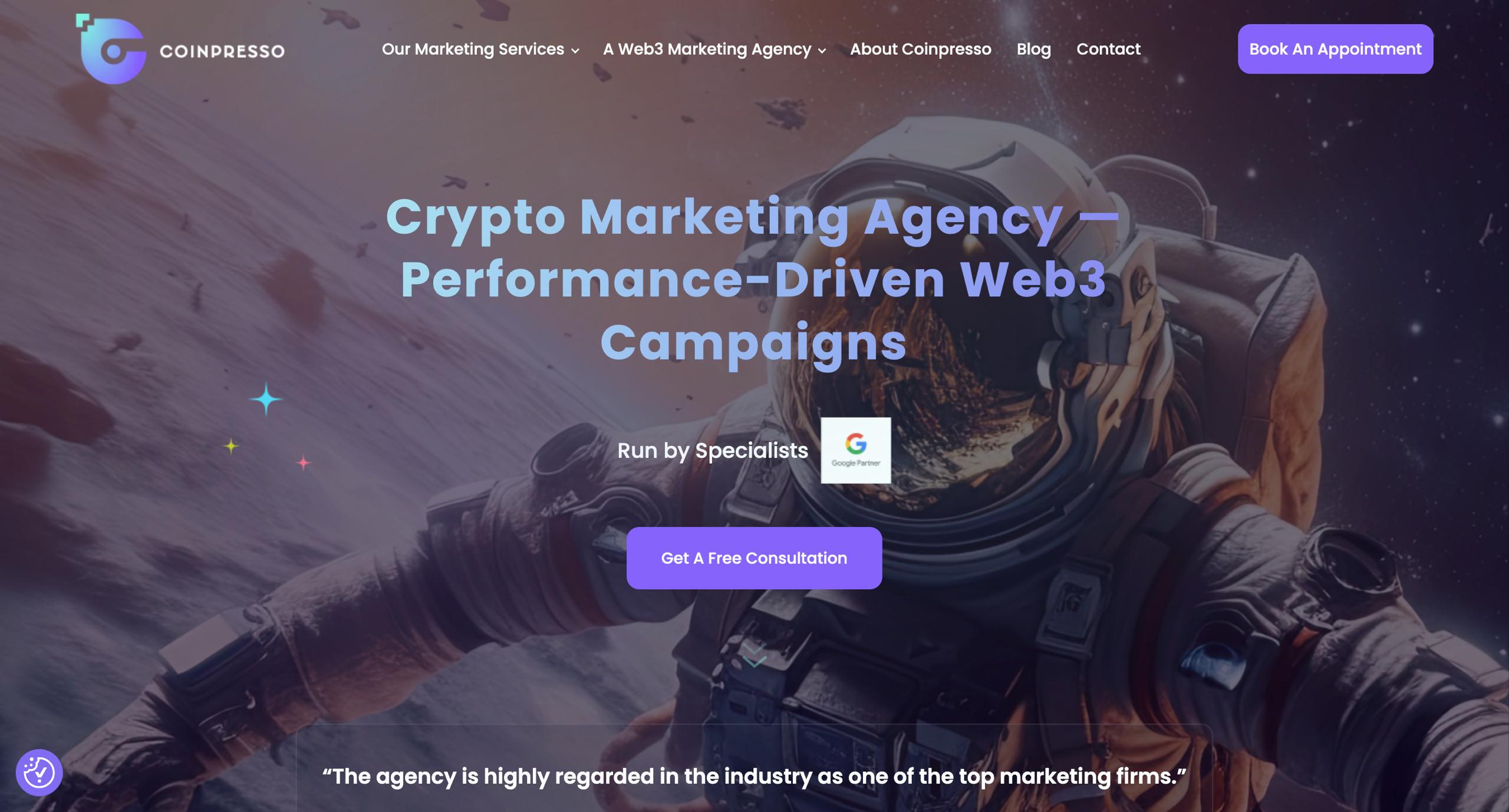 Coinpresso暗号マーケティングエージェンシーホームページ - パフォーマンス主導のWeb3キャンペーン、Googleパートナー認定、暗号SEOとPPCのスペシャリスト