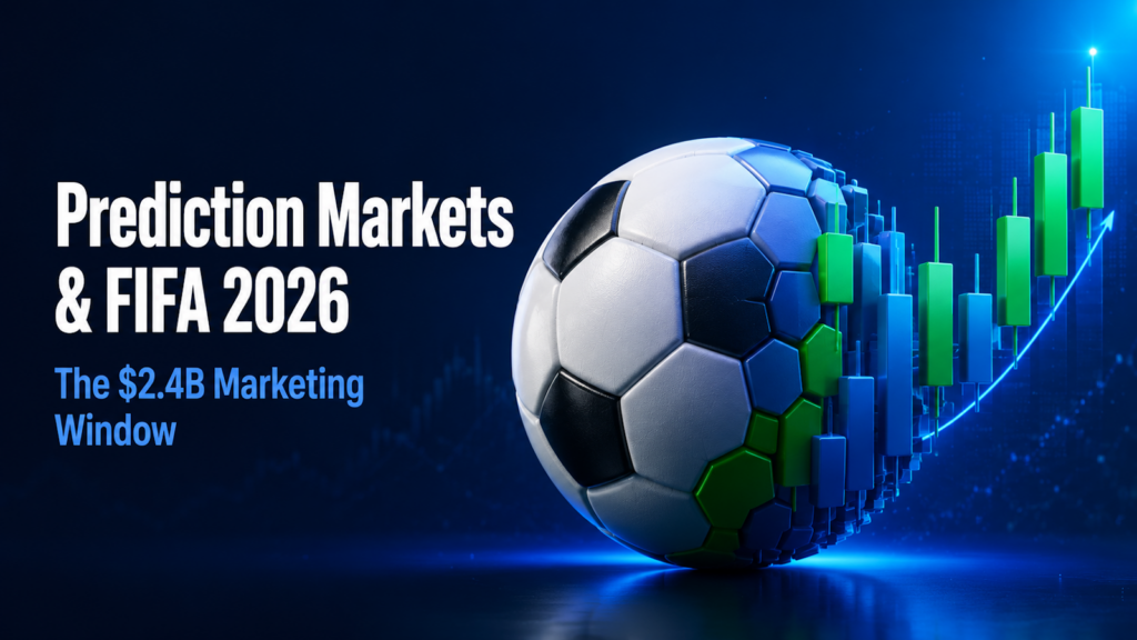 Soccer ball with hexagonal panels morphing into a rising candlestick chart, illustrating the convergence of FIFA 2026 and prediction markets — a $2.4B trading and marketing opportunity for crypto and iGaming brands.